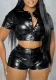 Women's Leather Breasted Buttoned Waist Short Sleeve Faux Leather Shirt Shorts Set