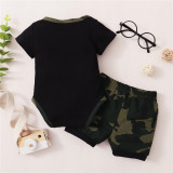 Boy Letter Print Short Sleeve Top+ Solid Camouflage Shorts Two-Piece Set