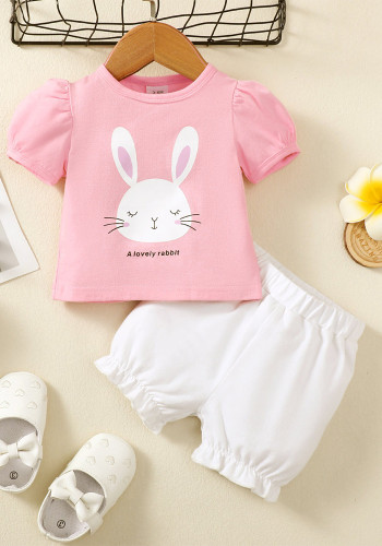 Kurzärmliges Top mit Kaninchen-Print für Mädchen + einfarbige Shorts, zweiteiliges Set