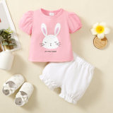 Girl Rabbit Print Short Sleeve Top + Solid Shorts Two-Piece Set