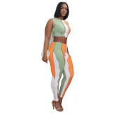 Spring Summer Sexy Ladies Contrast Color Patchwork Ribbed Two-Piece Set