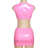 Spring Women's Sexy Shiny Faux Leather Tight Fitting Tank Top High Waist Bodycon Skirt Suit