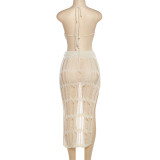 Women's Spring Summer Fashion Beach Dress Halter Neck Tie High Waist Slit Maxi Skirt Set