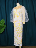 See-Through Round Neck Puff Sleeve Dress Party Gathering Chic Career Lace Dress