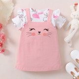 Girl bunny print short-sleeved top + Solid suspender skirt two-piece set
