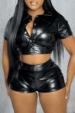 Women's Leather Breasted Buttoned Waist Short Sleeve Faux Leather Shirt Shorts Set