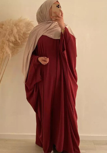 Müslüman Bayanlar Düz Renk Yarasa Kollu Dubai Büyük Beden Abaya Elbise