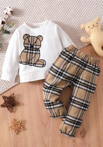 Conjunto de duas peças com blusa estampada de urso menina + calça estampada xadrez