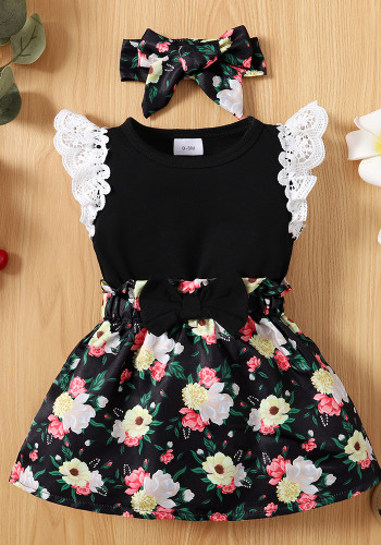 Girl Ruffles Top + Floral Print Skirt Three-Piece