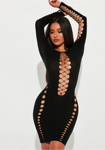 Spring Women's Fashion Jacquard Cutout Round Neck High Waist Slim Short Dress
