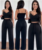 Women's Spring V Neck Cropped Tank Top Tether High Waist Patch Pocket Straight Leg Pants Casual Set