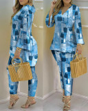 Spring Summer Print Fashion V-Neck Long Sleeve 2-Piece Pants Set