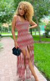 Women'S Summer Print Mesh Sleeveless Tassels Long Dress