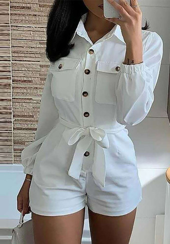 Macacão casual fashion feminino branco com gola redonda e manga comprida