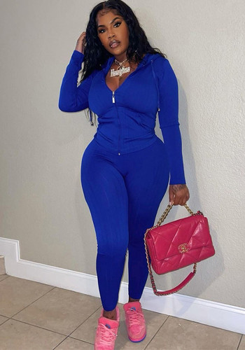 Bahar Kadın Kapüşonlu Slim Fit Düz Renk Üst Yüksek Bel Dar Pantolon İki Parça Set
