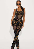 Women'S Print Mesh See-Through Square Neck Sleeveless Sexy Jumpsuit
