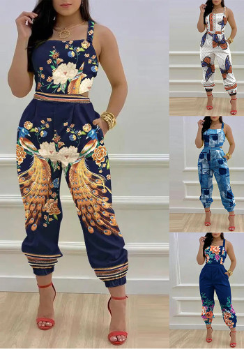 Summer Fashion Printed Straps Backless Jumpsuit