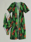 Women Printed Bodysuit and Cover Up Bikini Two-Piece Set
