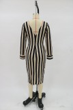 Women Deep V neck Long Sleeve Striped Bodycon Midi Dress