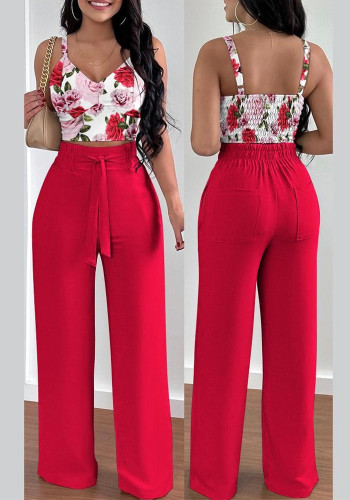 Conjunto de dos piezas de top y pantalón con estampado de moda de primavera y verano para mujer