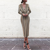 Women Deep V neck Long Sleeve Striped Bodycon Midi Dress