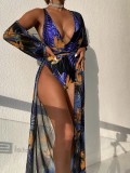 Women Printed Bodysuit and Cover Up Bikini Two-Piece Set
