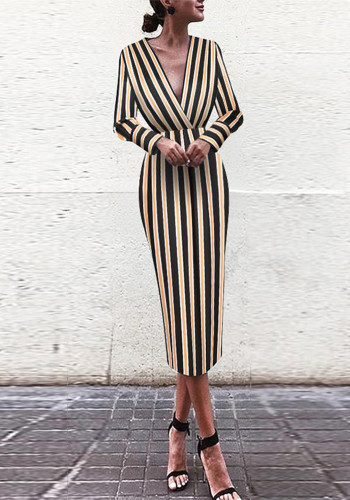 Kadın Derin V yaka Uzun Kollu Çizgili Bodycon Midi Elbise