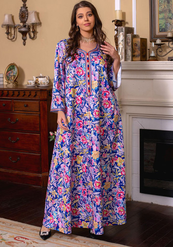 Dress floral abaya robe spring print satin Eid al-Adha
