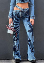 Lente damesmode hipster 3d denim print hoge taille rechte pijpen casual broek