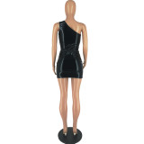 Women's Clothing Shiny One Shoulder Sexy Sleeveless Bodysuit + Skirt Set