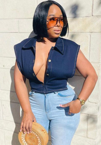 Top de mezclilla sexy de moda recortada sin mangas para mujer