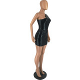 Women's Clothing Shiny One Shoulder Sexy Sleeveless Bodysuit + Skirt Set