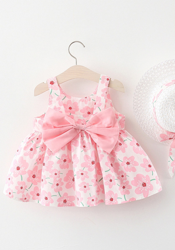 Summer Three-Color Big Bow Straw Hat Girls Floral Bow Cotton Dress