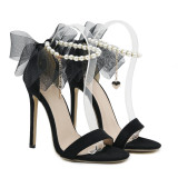 Ribbon Bowknot Pearl Chain 12Cm High-Heeled Sandals Plus Size