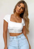French Retro Square Collar Lace Patchwork Crop Ribbed T-Shirt Female Sexy Lace Patchwork Slim Fit Short Sleeve Top