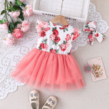 Baby Girl Cute Print Patchwork Mesh Ruffle Sleeve Dress + Bandana Set