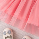 Baby Girl Cute Print Patchwork Mesh Ruffle Sleeve Dress + Bandana Set