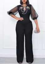Women'S Summer Short Sleeve Puff Sleeve Beaded Sexy Wide Leg Slim Waist Plus Size Jumpsuit