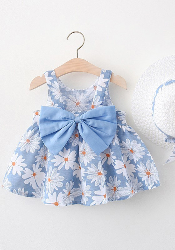 Summer Chrysanthemum Floral Big Bow Straw Hat Girl Baby Girl Full Chrysanthemum Print Dress