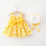 Summer Three-Color Big Bow Straw Hat Girls Floral Bow Cotton Dress