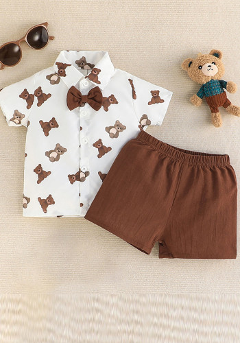 赤ちゃんのかわいい漫画クマ柄半袖シャツ + ショーツ XNUMX 点セット男の子ポロシャツ スーツ