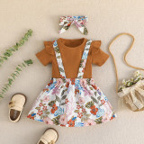 Children'S Solid Color T-Shirt + Printed Skirt + Headscarf Three-Piece Printed Straps Skirt Set