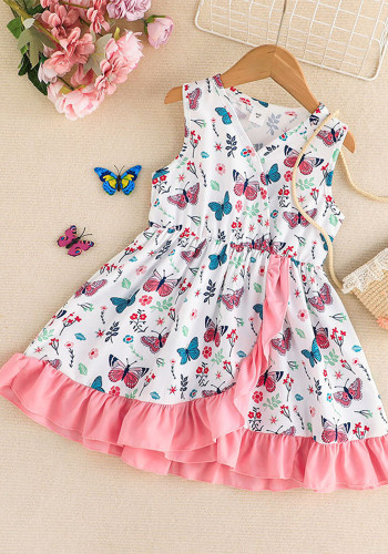 Meisjes mode ruches jurk kinderen zomer vlinder print mouwloze a-lijn jurk
