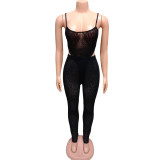 Women'S Mesh See-Through Sexy Strap Bodysuit And Pants 2-Piece Set
