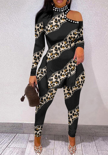 Sexy Slim Printed Shoulder Cutout Two-Piece Pants Set Nightclub Clothes