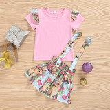 Girls Short-Sleeved T-Shirt + Straps Skirt Two-Piece Set Children'S Printed Skirt Suit