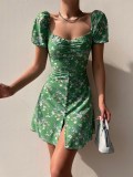 Women'S Summer Fashion Puff Sleeve Floral Square Neck Button Decoration Mini Summer Female Dress