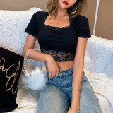 French Retro Square Collar Lace Patchwork Crop Ribbed T-Shirt Female Sexy Lace Patchwork Slim Fit Short Sleeve Top