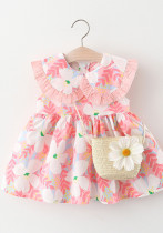 Sommer-Blumen-Spitze-Umlegekragen-Kleid-Baby-Mädchen-Peter-Pan-Kragen-Baumwollkleid-Blumen-Tasche