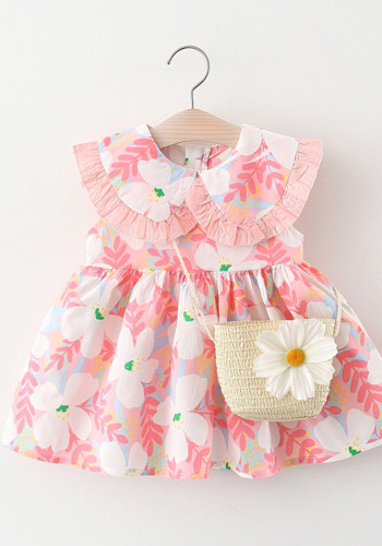Summer Flower Lace Turndown Collar Dress Baby Girl Peter Pan Collar Cotton Dress Flower Bag
